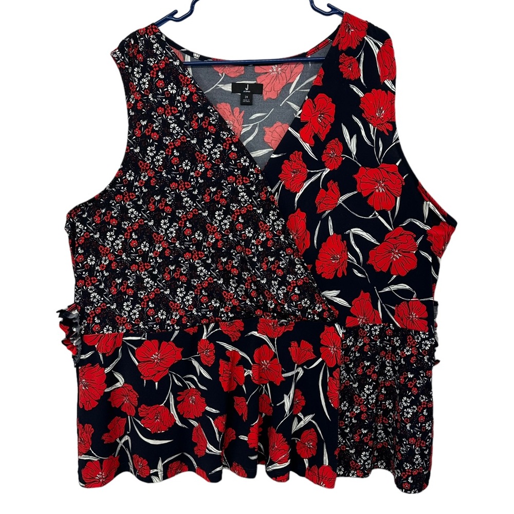 J Jason WU Top plus sz 2X blue red floral Peplum Sleeveless Stretch wais…